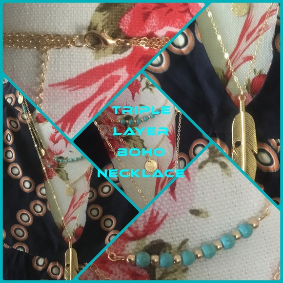 SOLD 🥳3 LAYER BOHO NECKLACE SILVER FEATHER - Picture 2 of 6